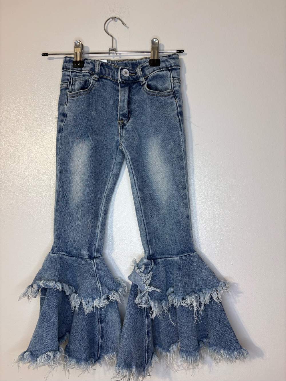 Girls Distressed Light Blue Flared Ruffle Jeans